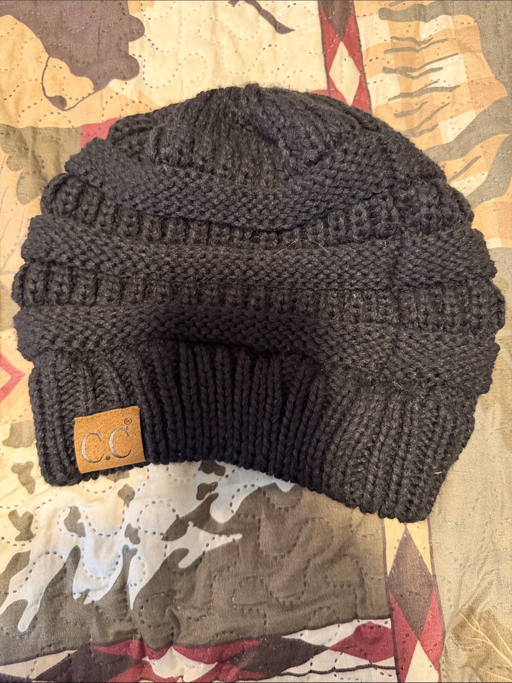 C.C women’s Charcoal Knit Beanie with Leather Logo Patch